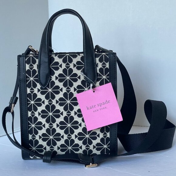 Kate Spade Flower Jacquard Manhattan Mini Tote Blue Leather Crossbody Bag - Picture 2 of 12